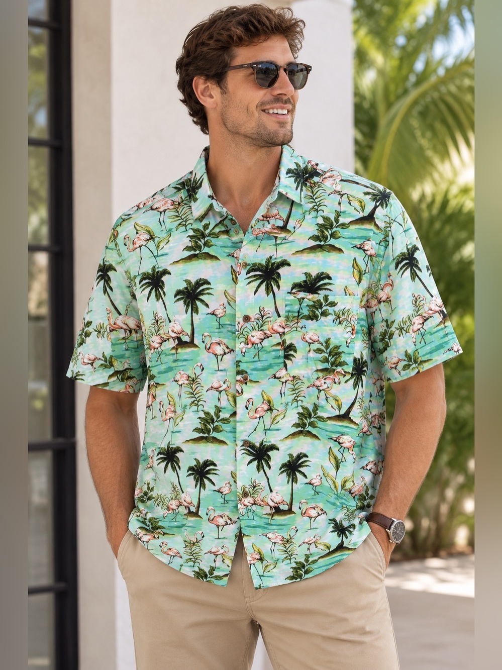 Men's Aqua Flamingo Print Short-Sleeve Button-Down Shirt